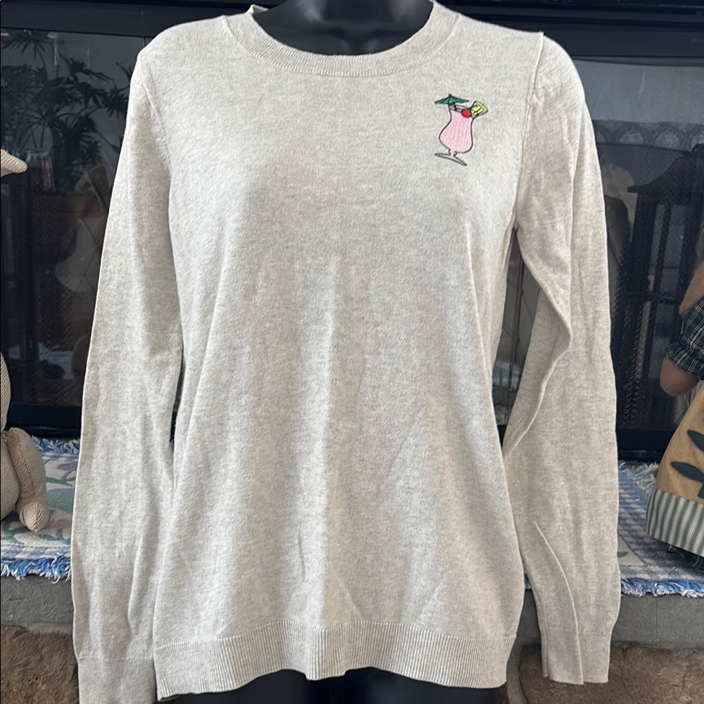 Women’s light Gray Sweater with Embroidered Cocktail Design size S